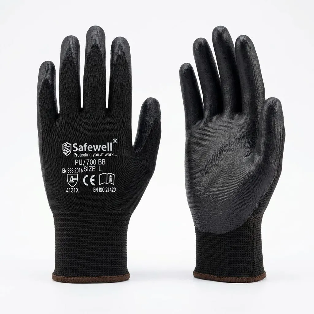 Safewell PU 700 BB Black PU Coated Gloves - EN 388 (4131X) Precision Grip