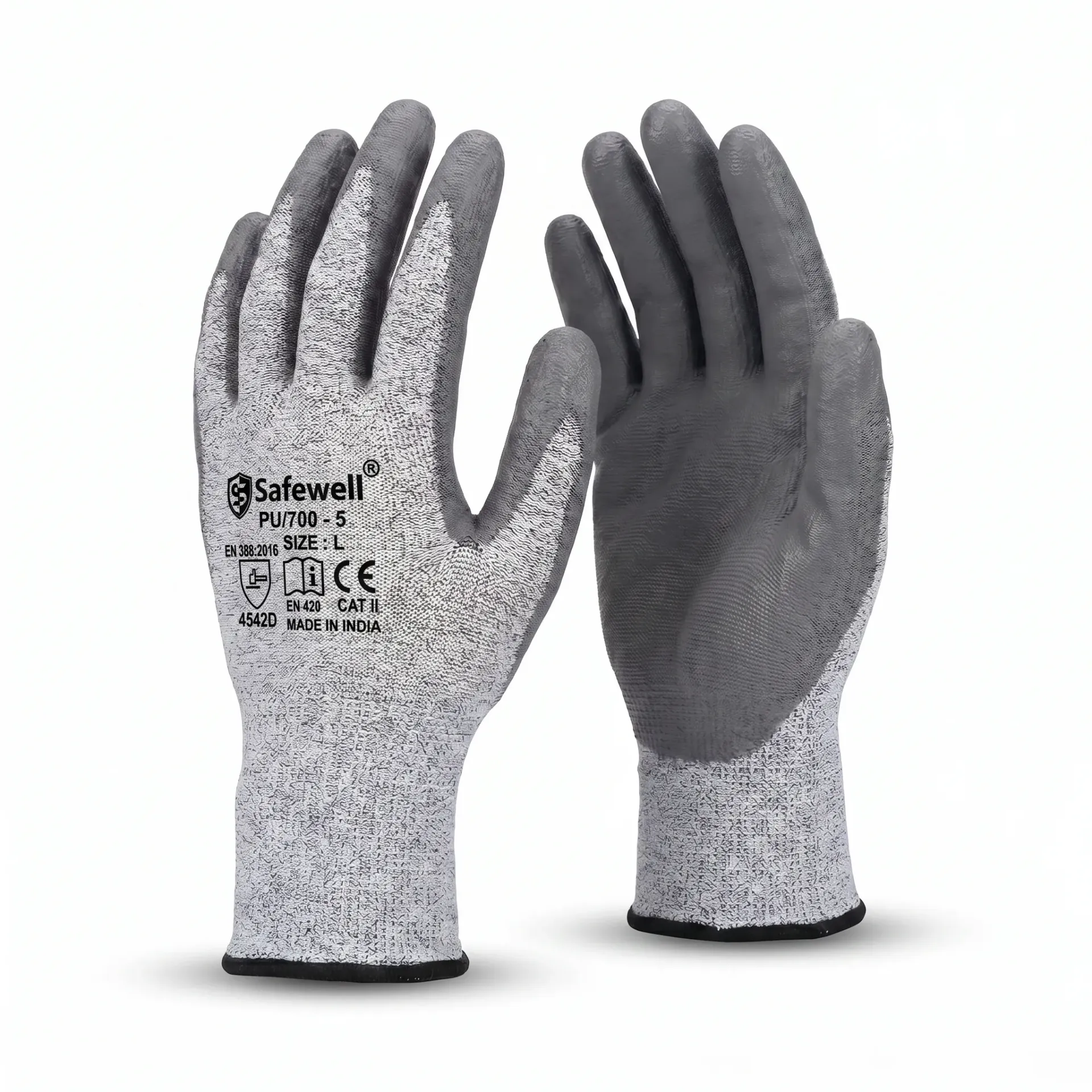 Safewell PU 700-5 Cut Resistant Gloves - HPPE Liner, Cut Level D (EN 388: 4542D)